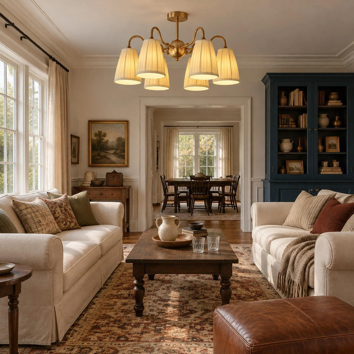 Gold textile semi flush mount light in a living room