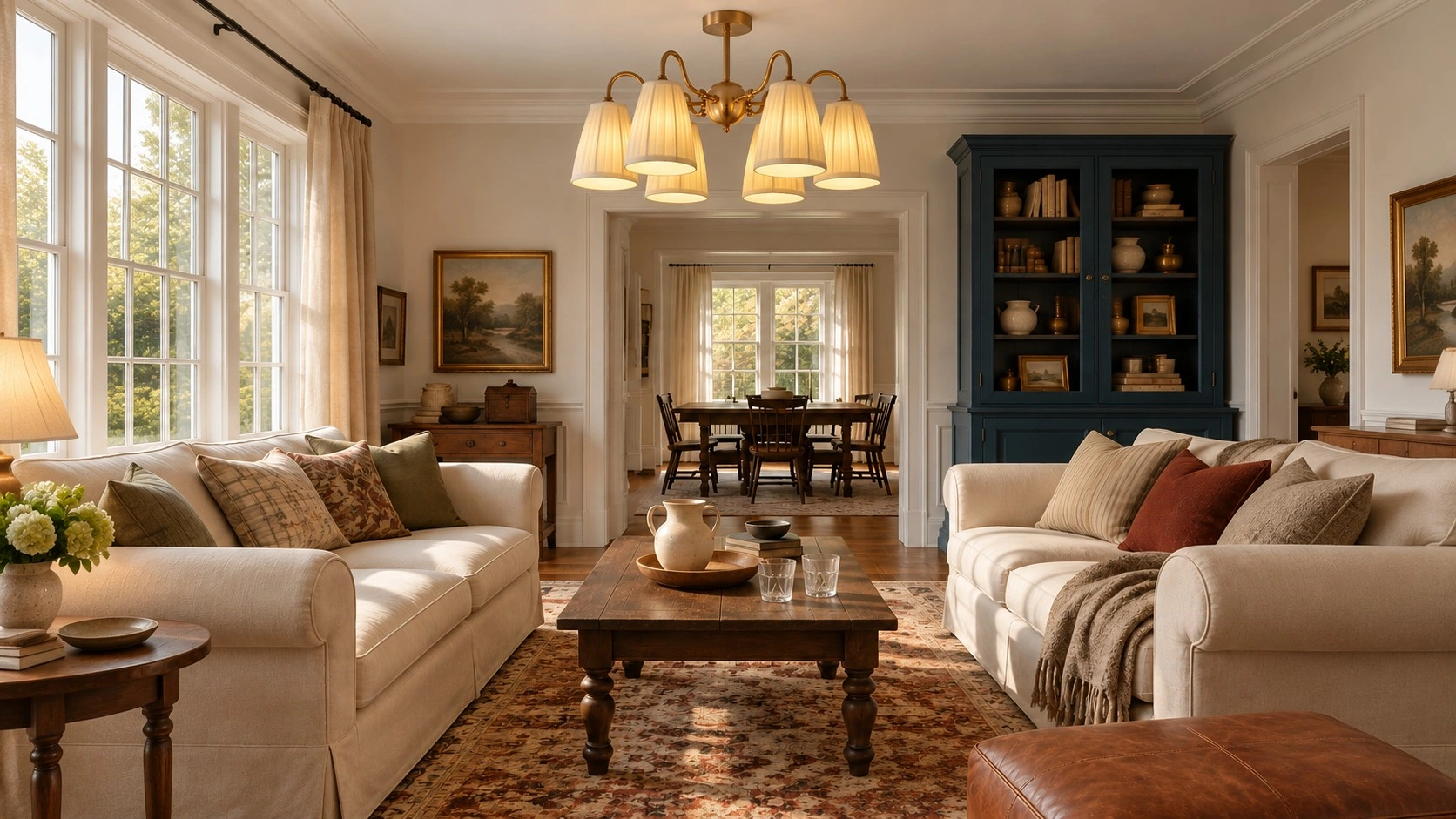 Gold textile semi flush mount ceiling light in a warm American living room