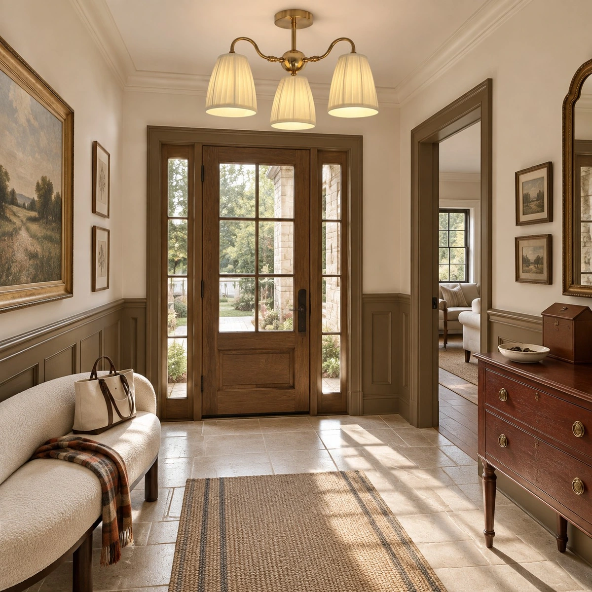 Gold textile semi flush mount light in a entryway
