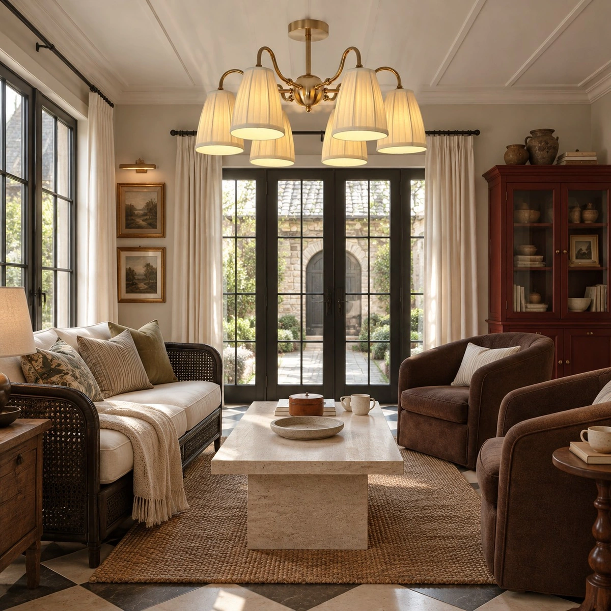 Gold textile semi flush mount light in a sunlit sitting room