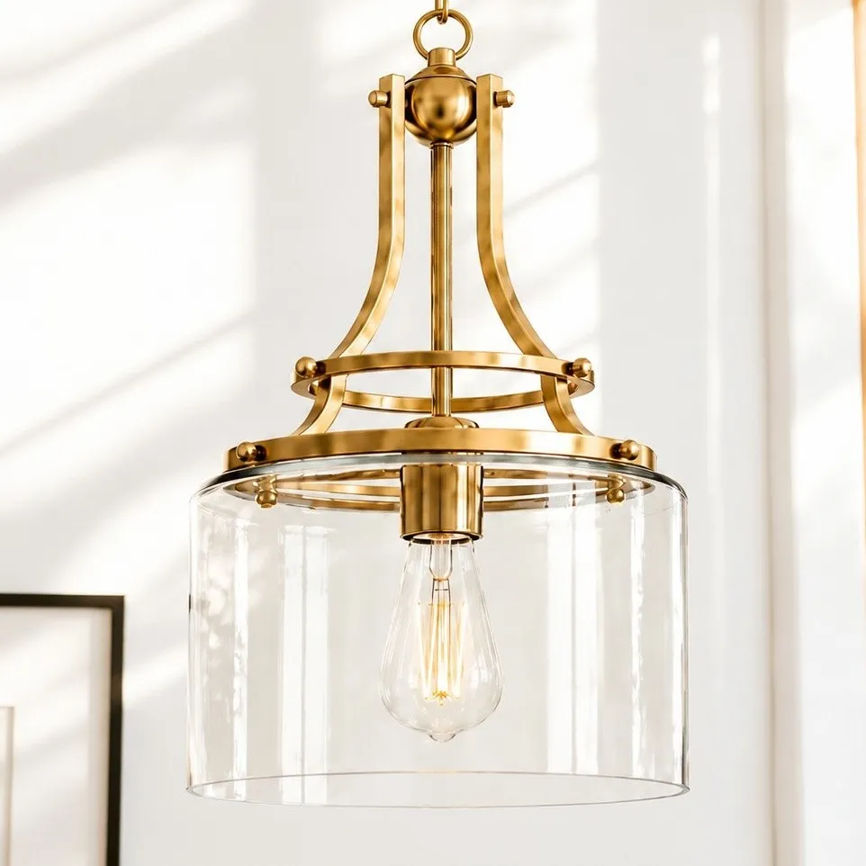 Trevor Vintage Clear Cylinder Glass Brass Chain Pendant Light