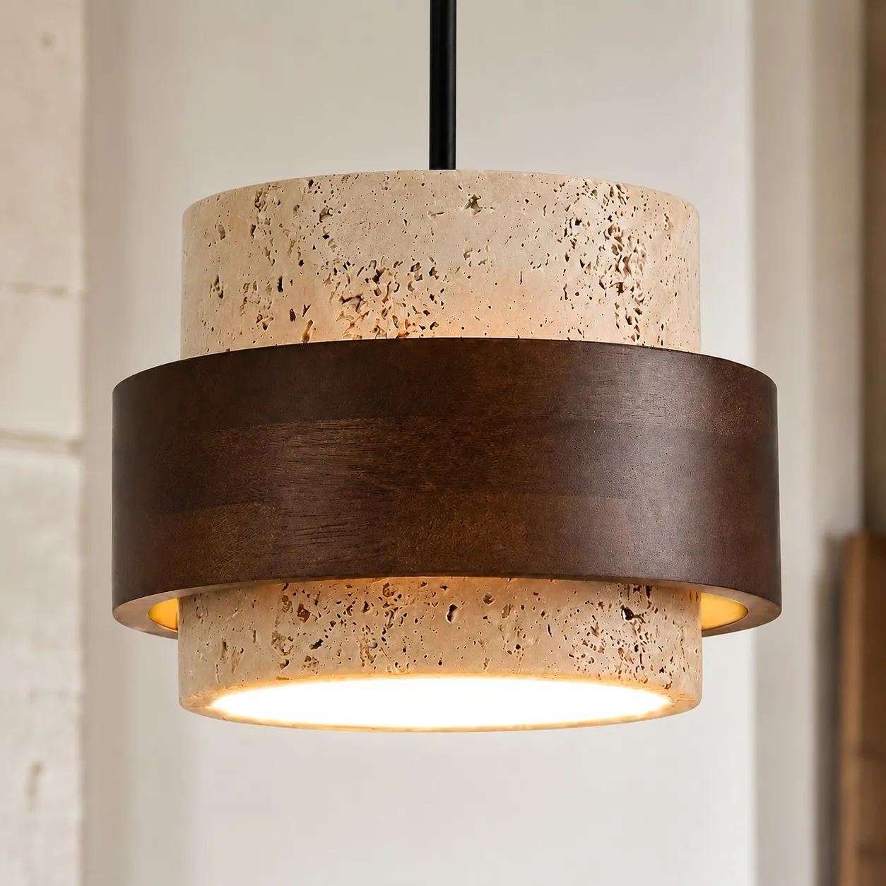 Timothy Wabi Sabi Cylindrical Travertine Pendant Light