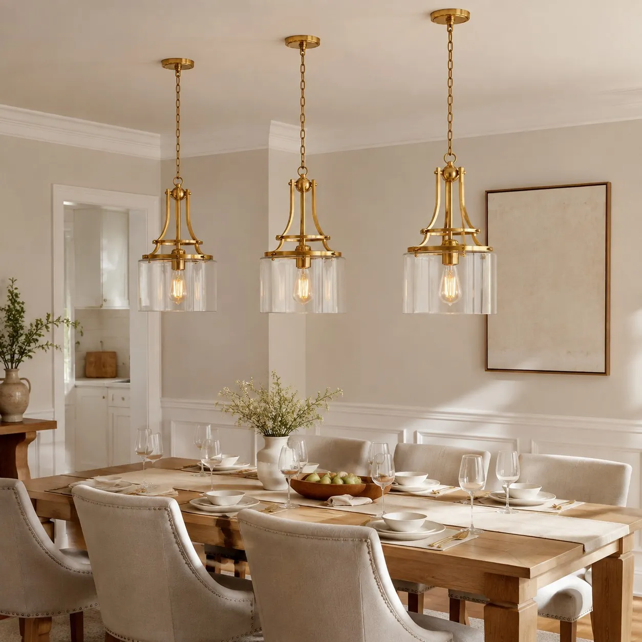 Trevor Vintage Clear Cylinder Glass Brass Chain Pendant Light