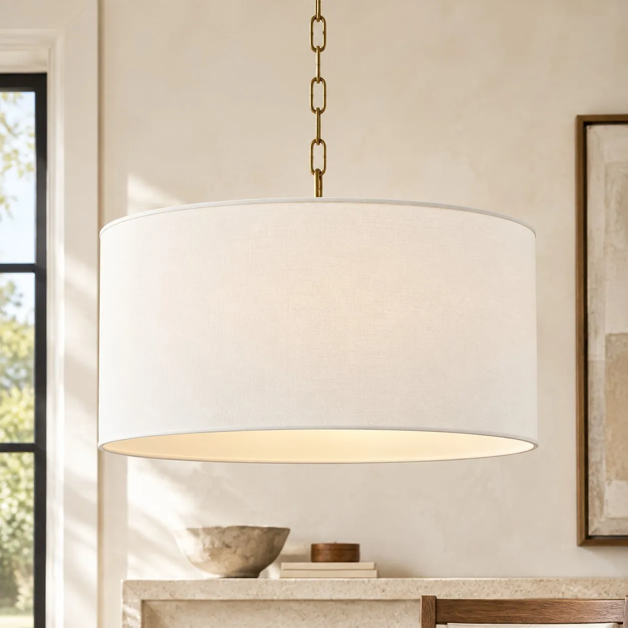 Toren Modern White Linen Drum Pendant Light