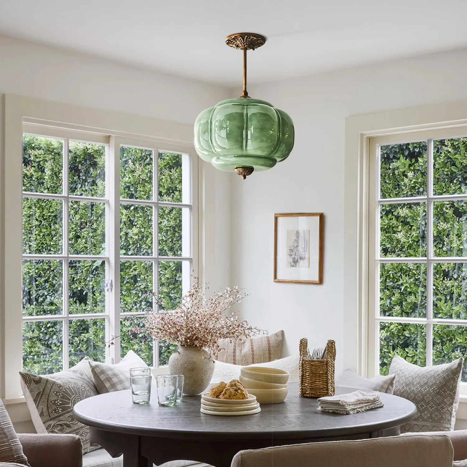 Elegant Eloise Scallop Milk Glass Semi-Flush Mount Ceiling Light - Vintage Brass Frame and Pumpkin Shape