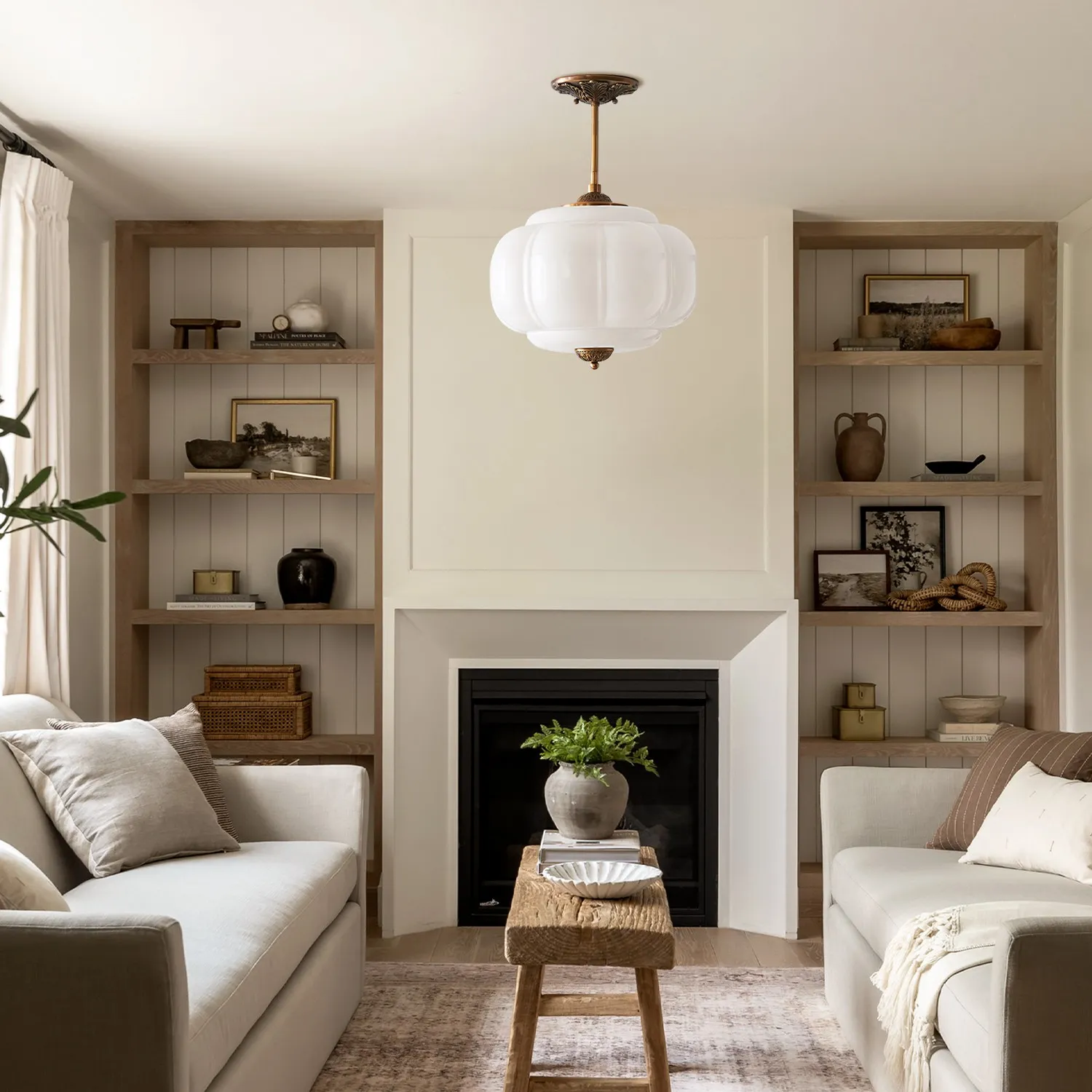 Elegant Eloise Scallop Milk Glass Semi-Flush Mount Ceiling Light - Vintage Brass Frame and Pumpkin Shape