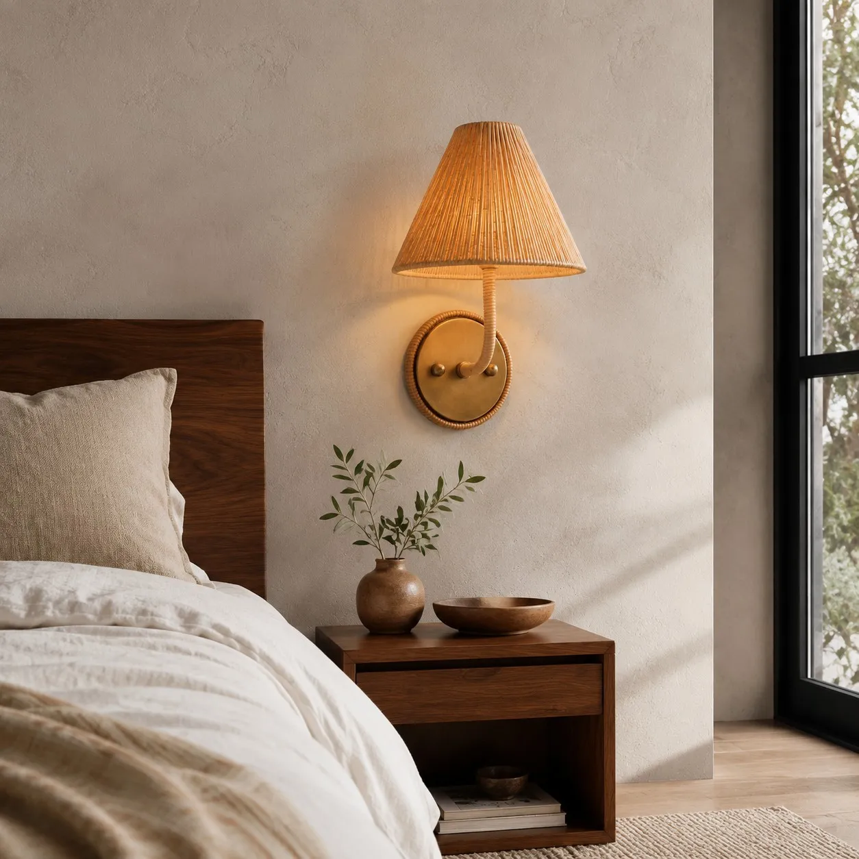Calmyn Natural Woven Rattan Cone Wall Sconce