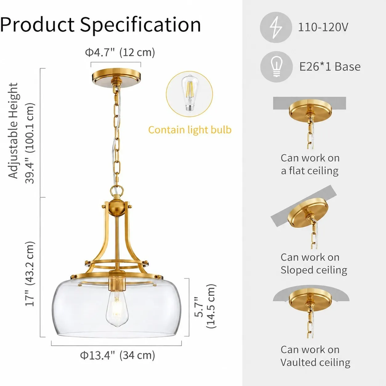 Thalys Brushed Gold Clear Glass Shade Charleston Pendant Light