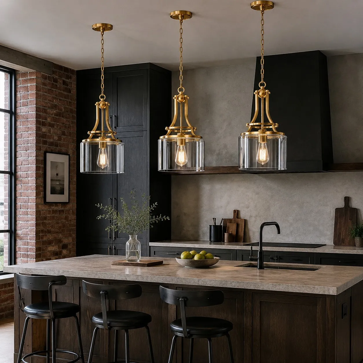 Trevor Vintage Clear Cylinder Glass Brass Chain Pendant Light