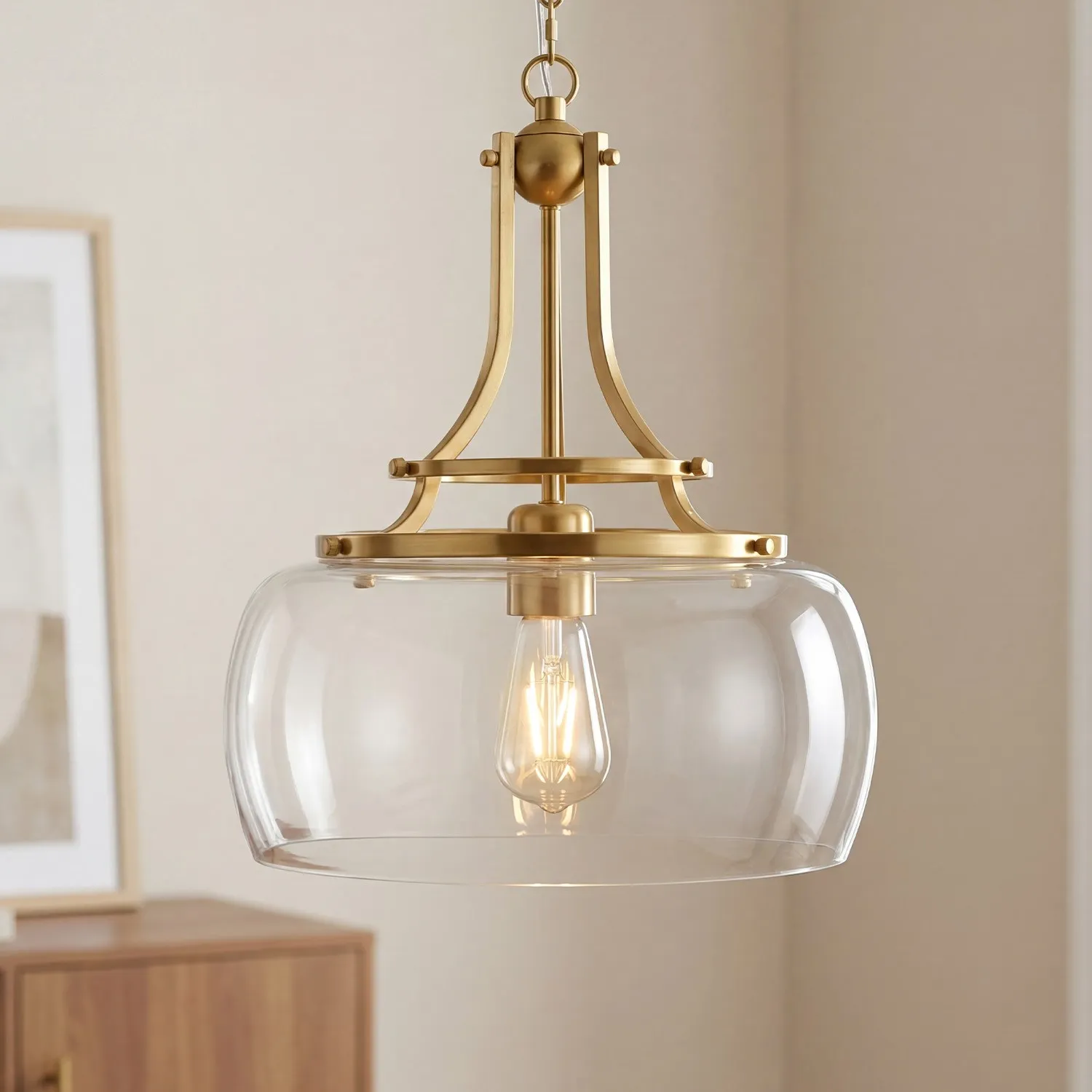 Thalys Brushed Gold Clear Glass Shade Charleston Pendant Light