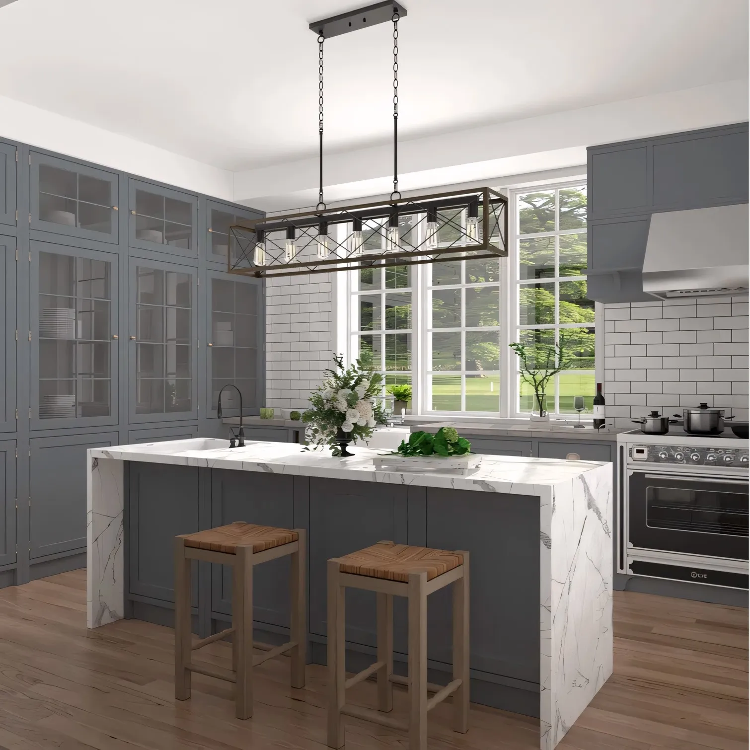 Wrylor Farmhouse 7 Light Steel Rectangle Chandelier