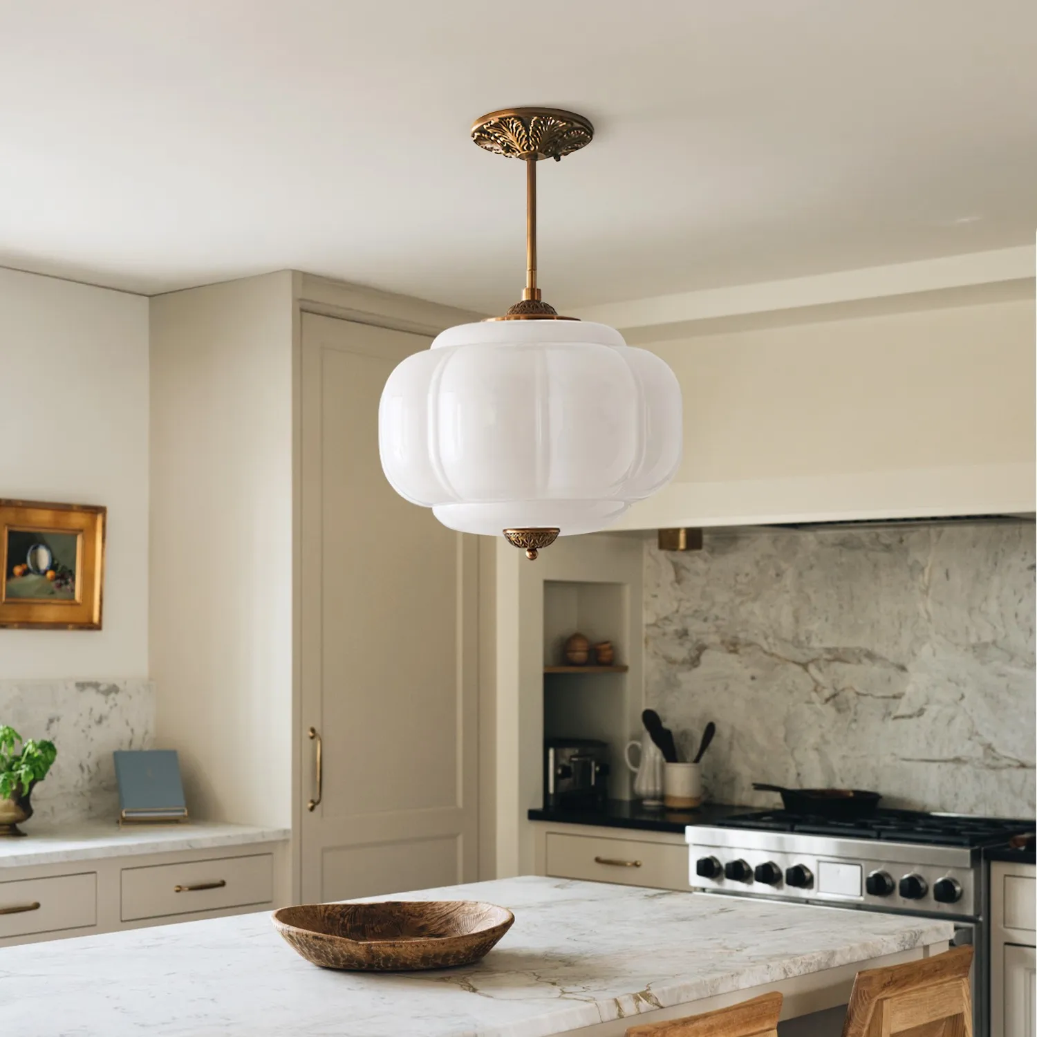 Elegant Eloise Scallop Milk Glass Semi-Flush Mount Ceiling Light - Vintage Brass Frame and Pumpkin Shape