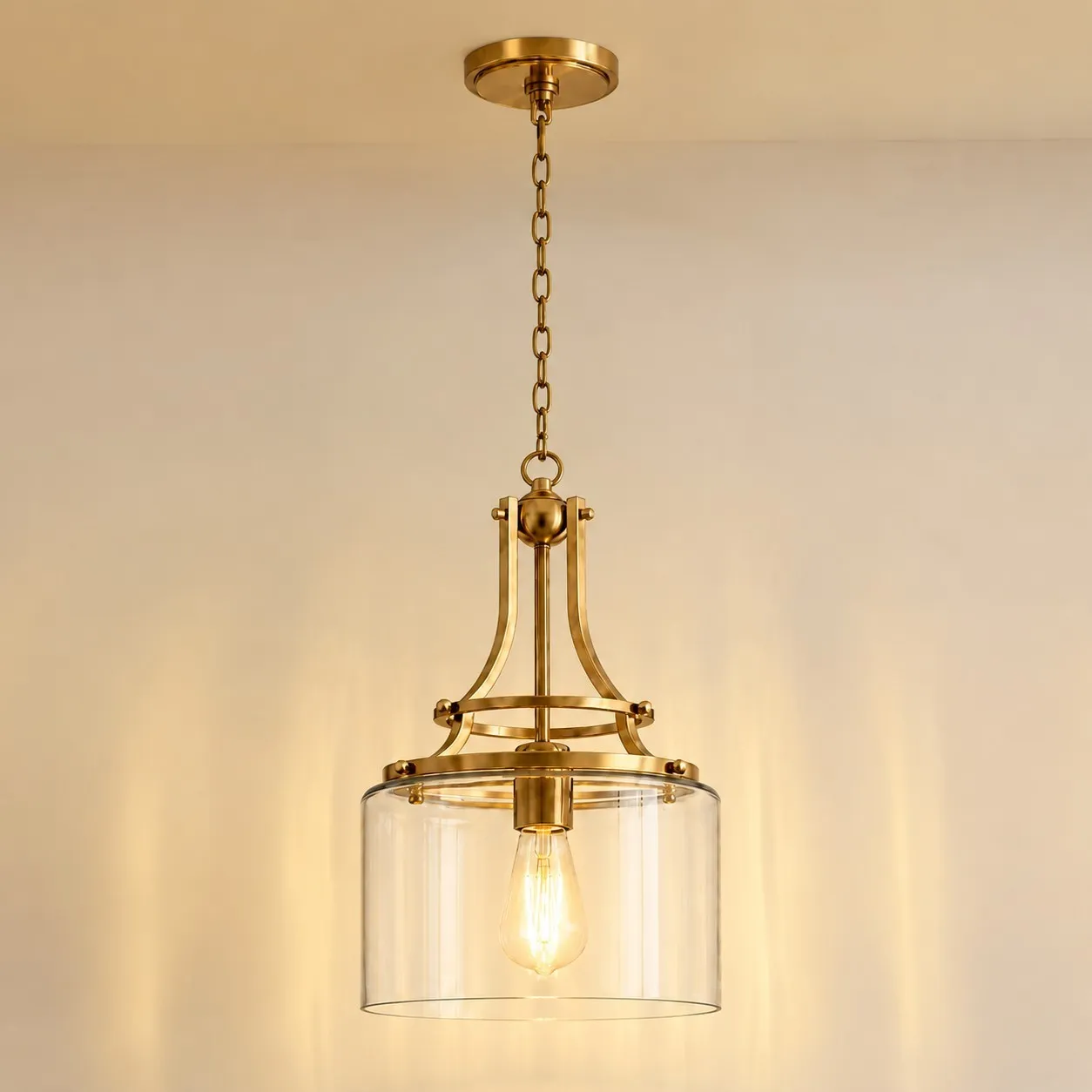 Trevor Vintage Clear Cylinder Glass Brass Chain Pendant Light
