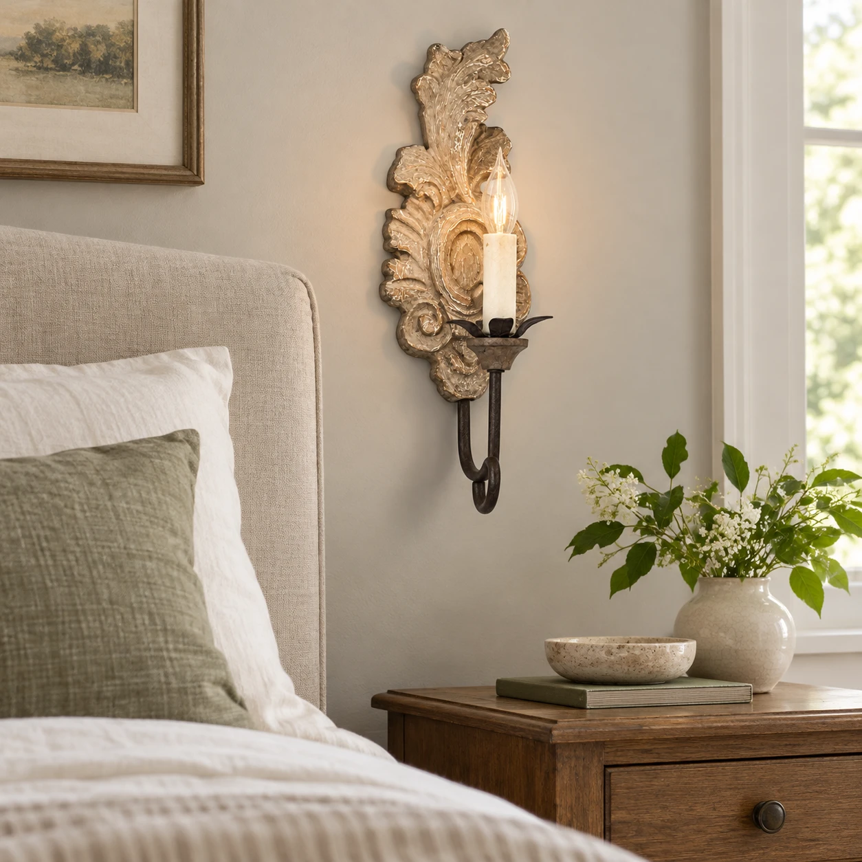 Scene · Bedroom Bedside Wall showing the wall-mounted sconce in an ordinary American home