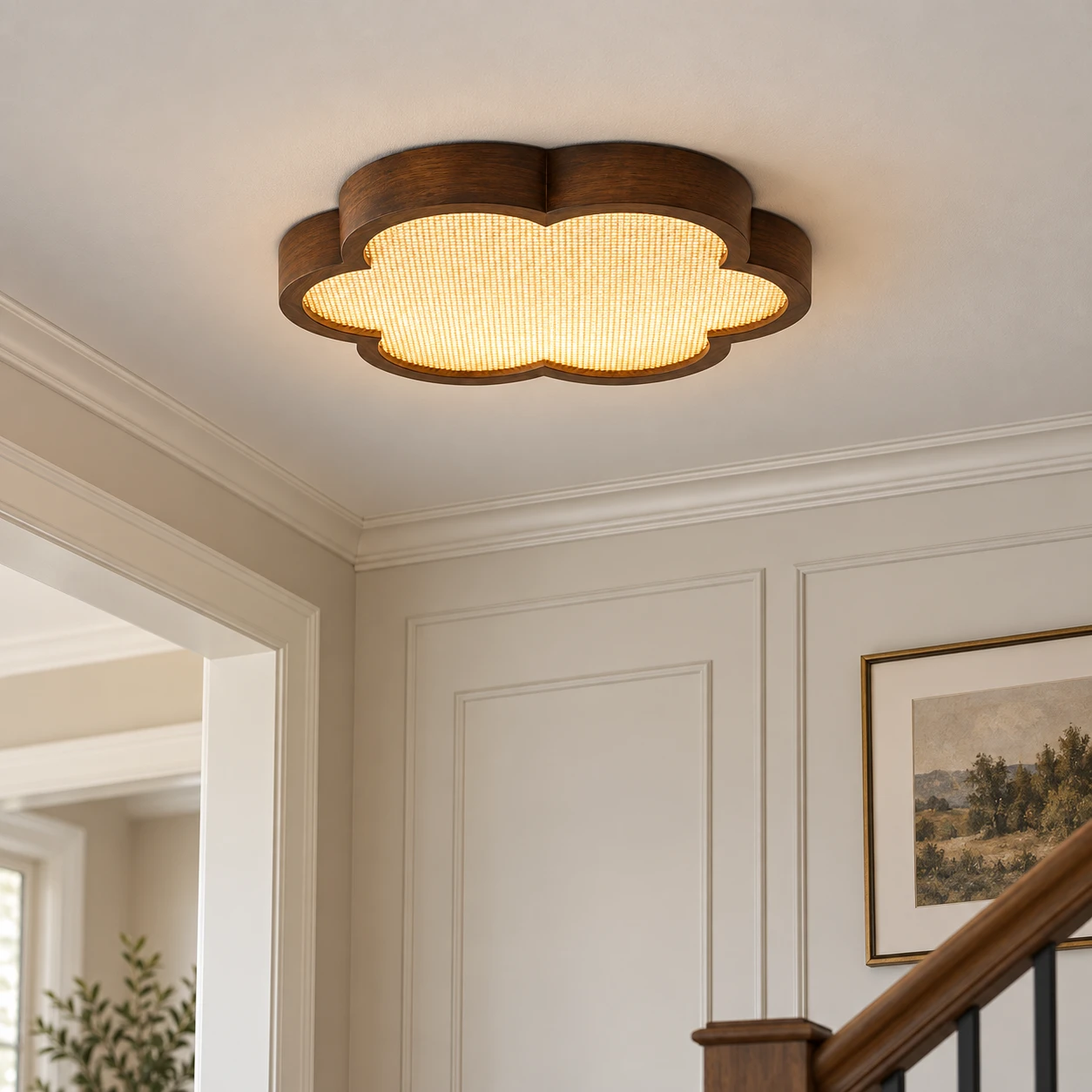 Mira Vintage Floral Walnut Wood Flush Mount Ceiling Light — entry setting