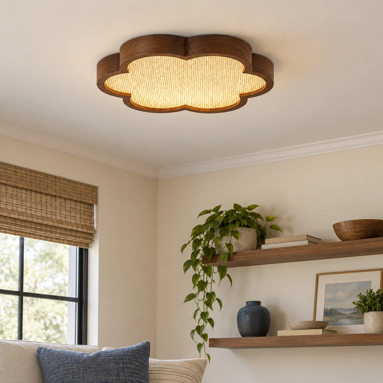 Mira Vintage Floral Walnut Wood Flush Mount Ceiling Light — living setting