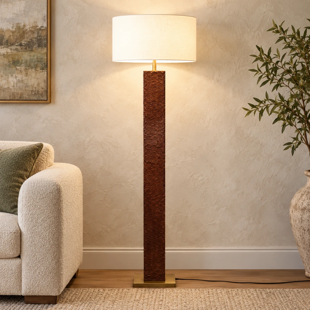 Nora American Rustic textured wood floor lamp centered in a warm neutral interior