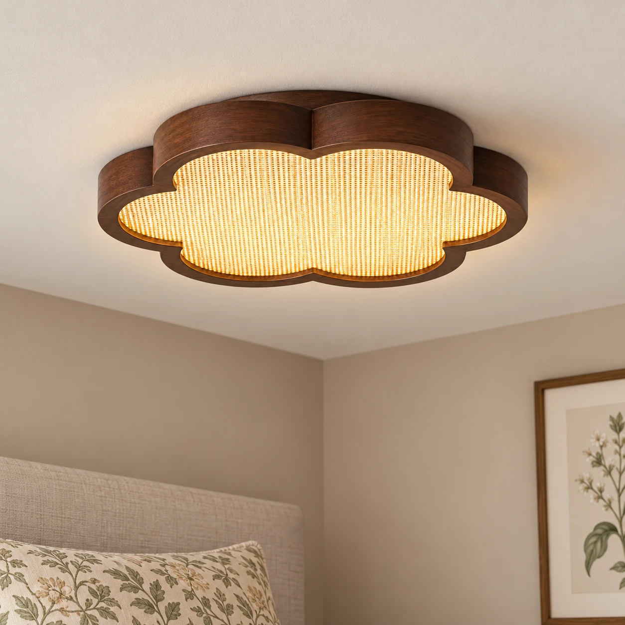 Mira Vintage Floral Walnut Wood Flush Mount Ceiling Light — guestroom setting