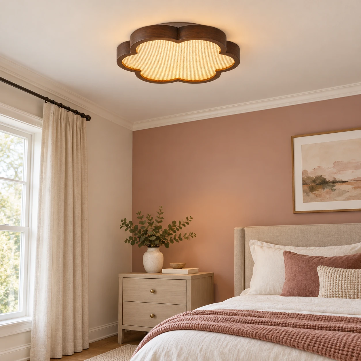 Mira Vintage Floral Walnut Wood Flush Mount Ceiling Light — bedroom setting
