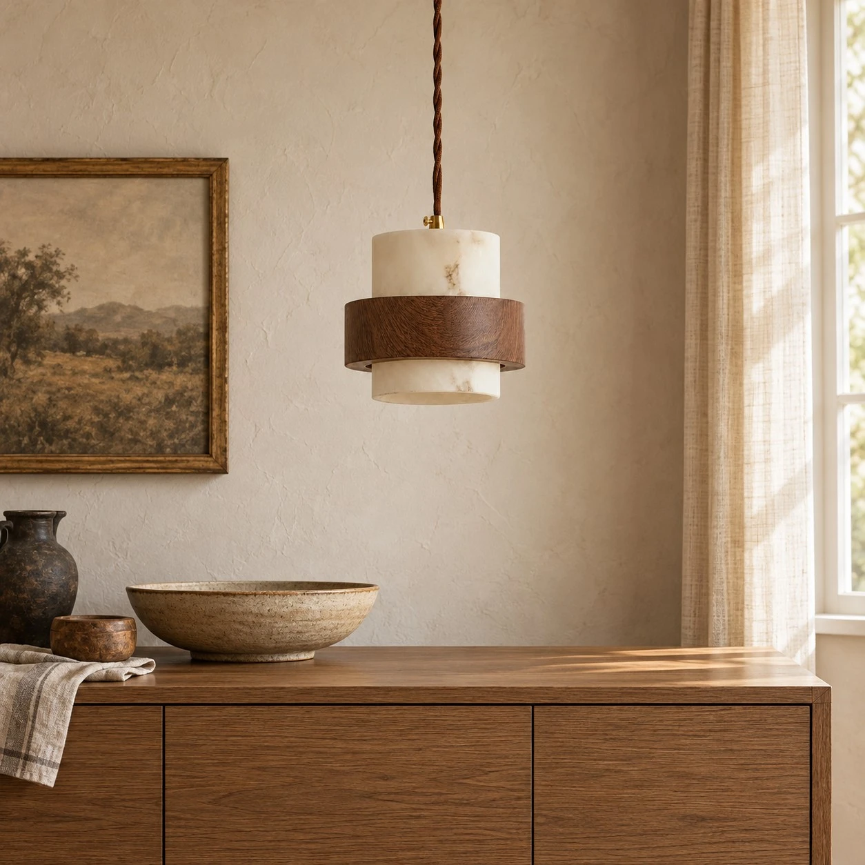 Pendant above a wood console