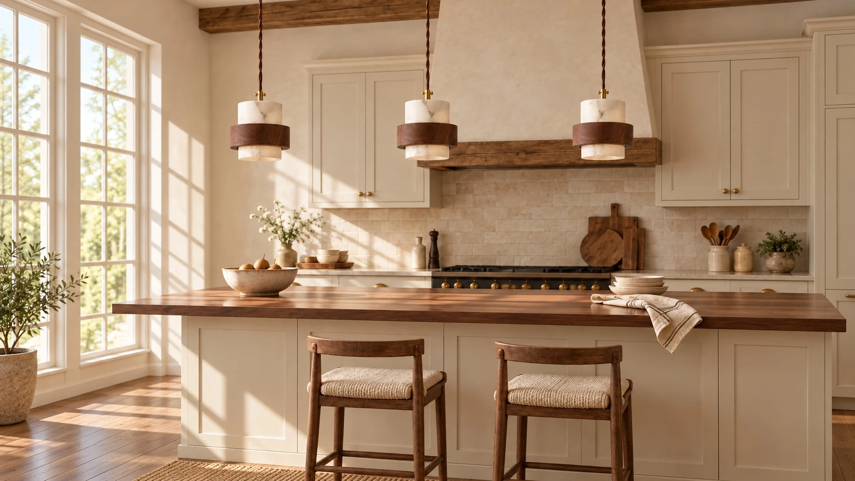 Layered pendants over a kitchen island