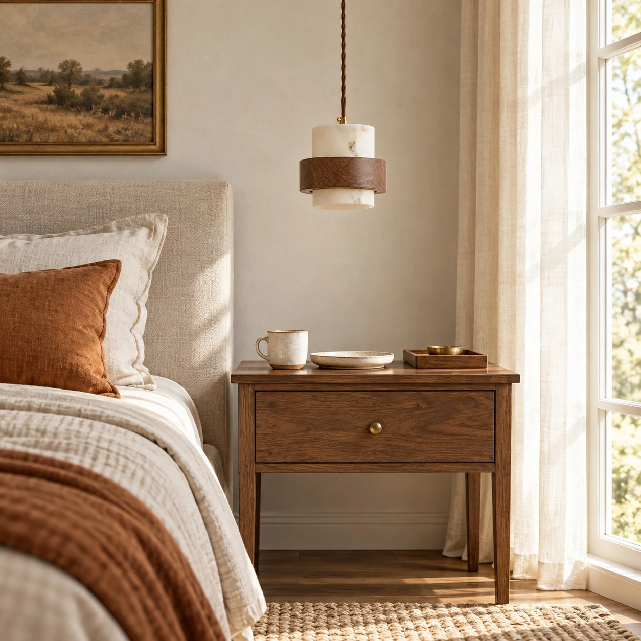 Bedroom with a layered pendant