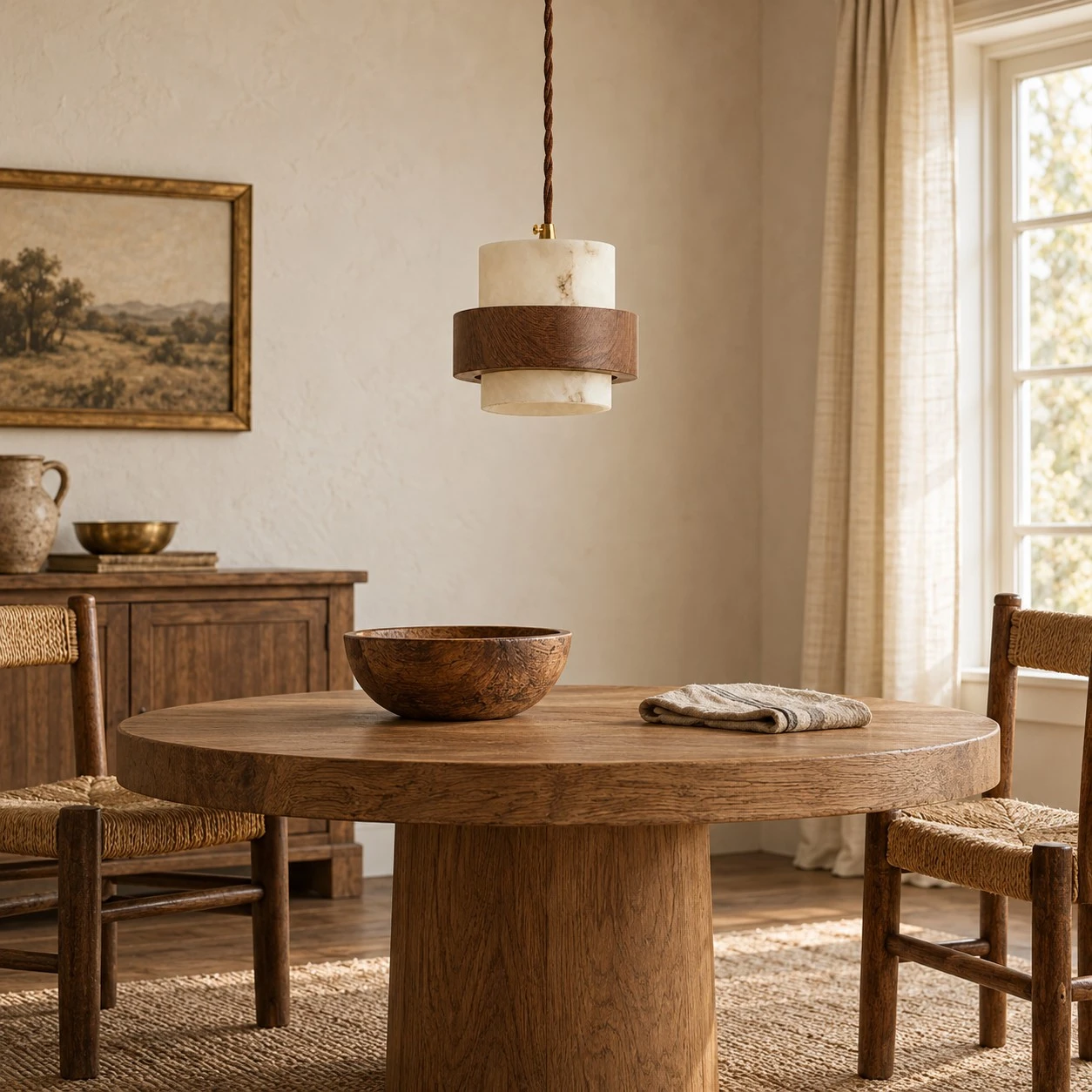 Layered pendant over a round dining table