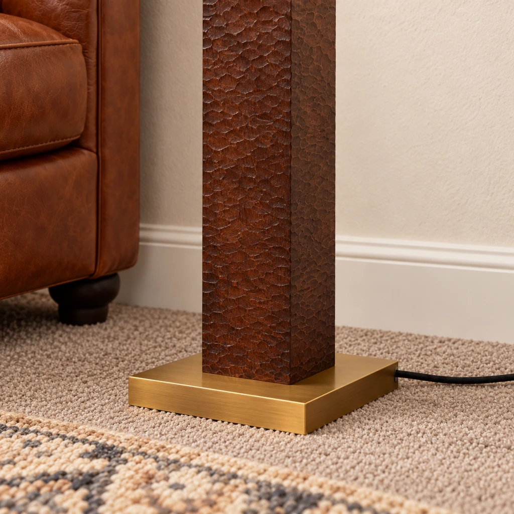 Close detail of Nora square brass foot and trailing cord
