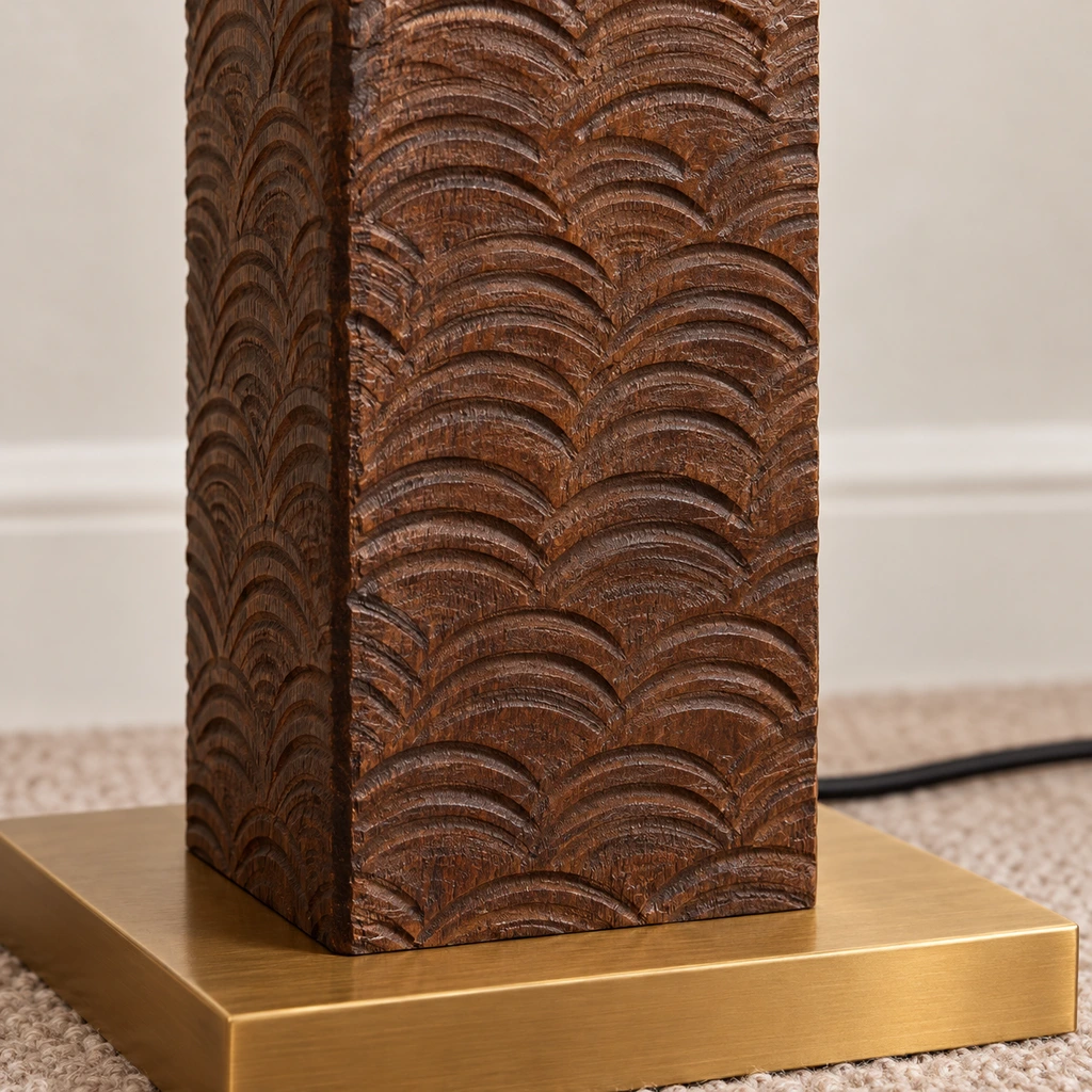 Close detail of Nora textured dark-brown wood column
