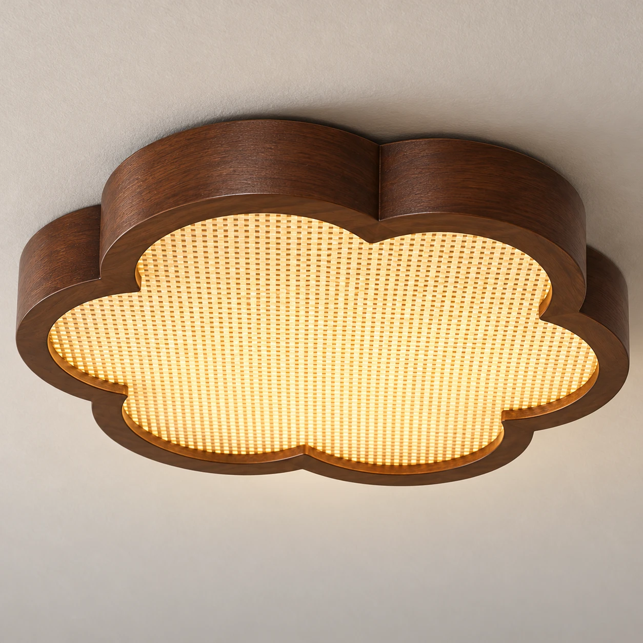 Close view of the softly lit woven diffuser