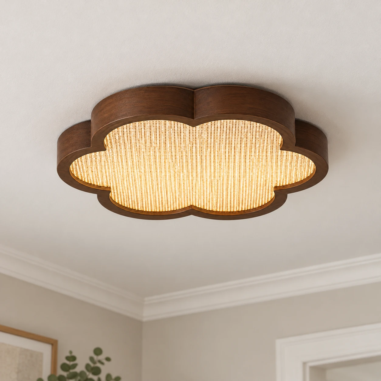 Walnut floral flush mount ceiling light, close view