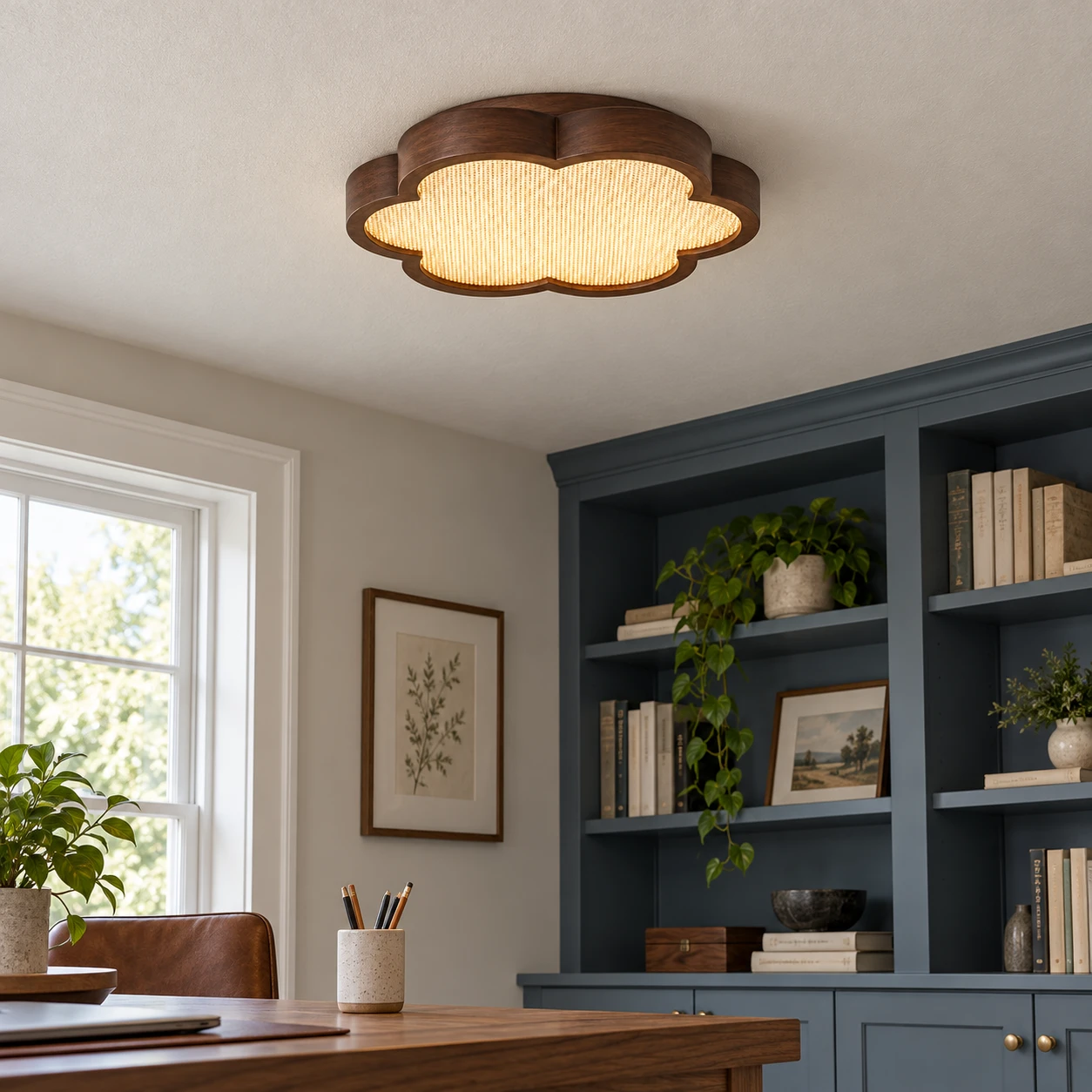 Walnut floral ceiling light in a home office