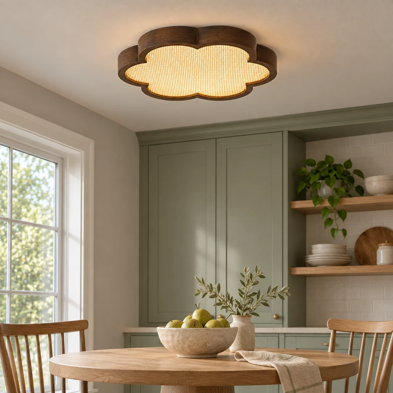 Floral flush mount over a home breakfast nook