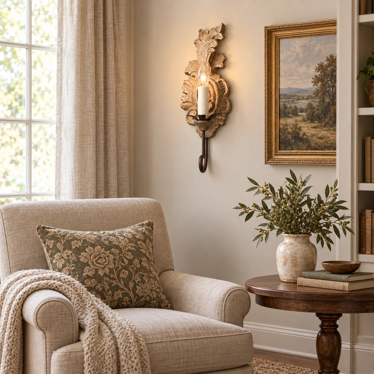 Wall sconce beside a lounge chair in a lived-in living room