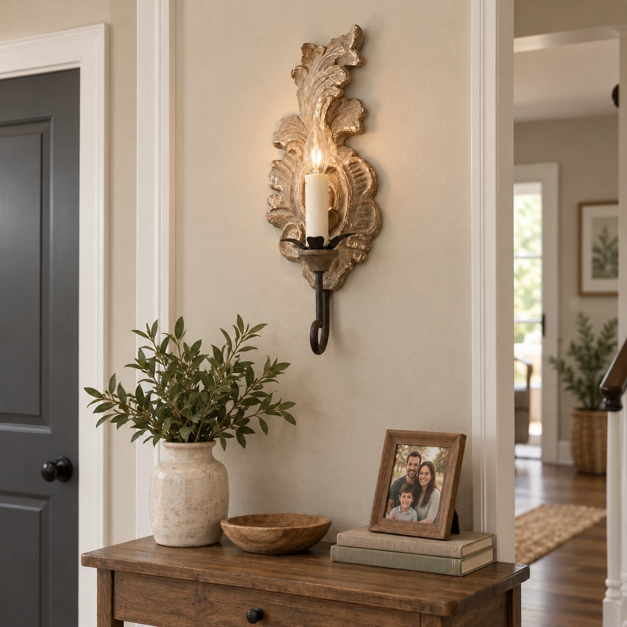 Wall-mounted entry lighting above a narrow console